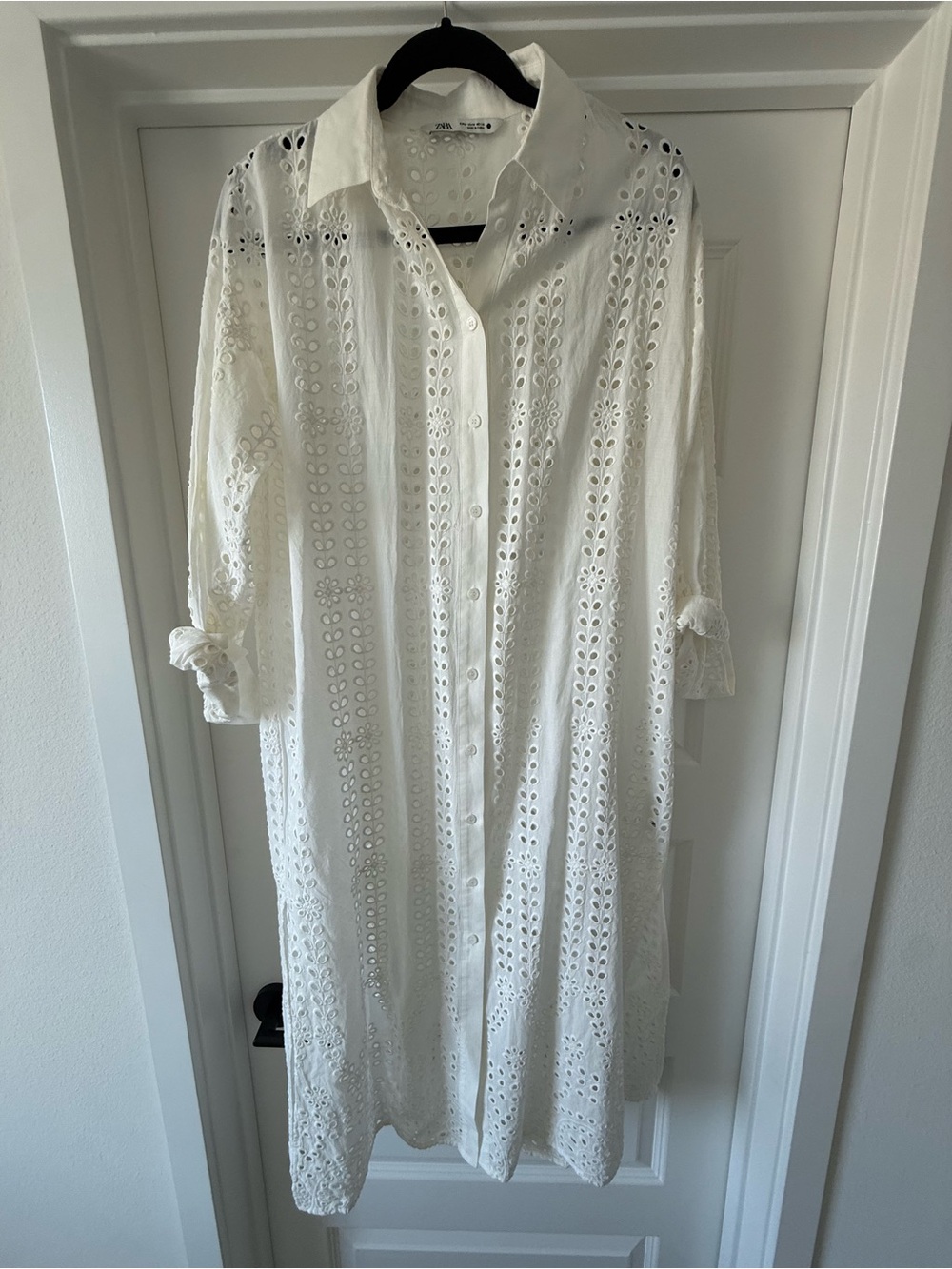Zara White Eyelet Lace Button-Front Midi Dress Beach Coverup Medium M